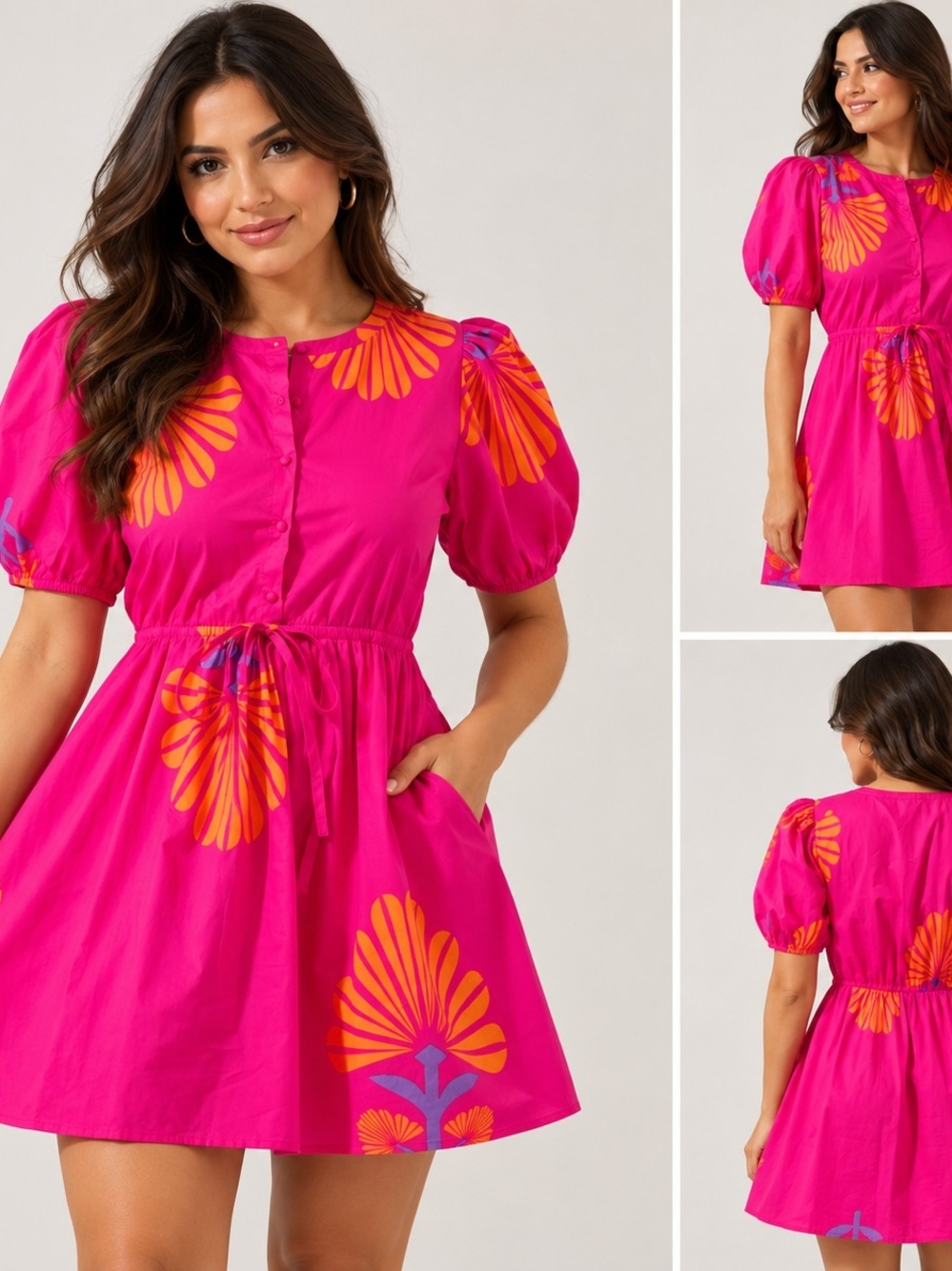 Sugarlips Fuchsia Mini Dress with Orange Floral Accents